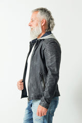 Kurze Herrenbikerstyle Lederjacke navy Blue in sheep Nubuk mit Kapuzeteil