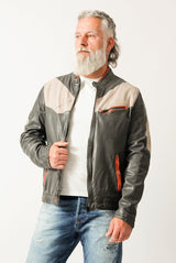 Sportliche dreifarbige kurze Herren Lederjacke mit Stehkragen aus Lammnappa