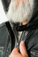 Herren Bikerstyle Lederjacke aus Neuseelandlammnappa in schwarz mit Kapuzenhoody abnehmbar