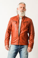 Kurze Herren Biker-Lederjacke,Übergangs Lederjacke aus Lammnappa in orange