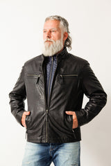 Herren Lederjacke schwarz Lammnappa mit heraustrennbare Textilsteppjacke in blau