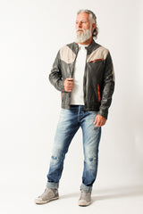 Sportliche dreifarbige kurze Herren Lederjacke mit Stehkragen aus Lammnappa