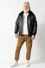 Herren Pilotenlederjacke aus Rindnappa in schwarz mit abnehmbaren Fellkragen