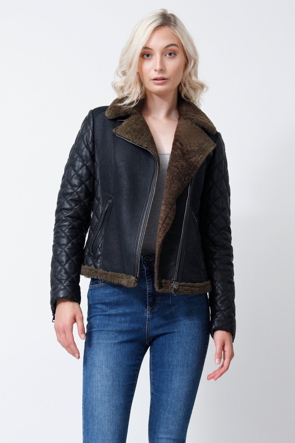 Leder Kurze Lammfelljacke Kurze Damen Biker Lammfelljacke – Leder