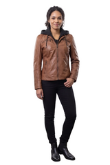 kurze Damen Lederjacke mit abnehmbare Stoff Kapuze braun