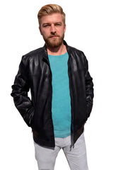 Kurze Biker Herren Lederjacke in schwarz, echtes Lammnappa Stehkragen