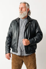 Herren Lederjacke kurz mit leichter wattierung aus Lammnappa Petrol schwarz