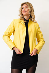 Kurze Damen Lederjacke in Lammnappa gelb mit Stehkragen und Reißverschluss