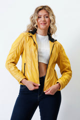 Kurze Damen Bikerstyle Lederjacke aus Lammnappa in Gelb vintage look