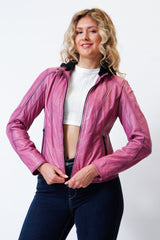 Kurze Damen Bikerstyle Lederjacke aus Lammnappa in Pink vintage Look