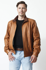 kurze Herren Lederjacke Buntleder-Lammnappa cognac