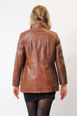 Längere Damen Lederjacke-Lammnappa in washed braun wattiert mit Reißverschluss