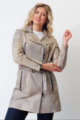 Beige längere echte sportliche Damen Gürteljacke aus Lammnappa und asymmetrischen Reißverschluss