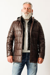 Winter Herren Lederparka gesteppt aus Lammnappa mit Kapuze und Doppelkragen