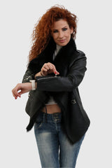 Schwarze kurze Lederjacke für Damen im Leder-Lammfell-mix