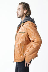 leichte Herre lederjacke kapuze taschen cognac