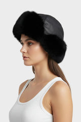 Leder Pelz Mütze mit Kaninchen Verbrämung schwarz