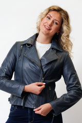 Echte kurze blaue Damen Bikerstyle Lederjacke aus weichen Lammnappa vintage Look
