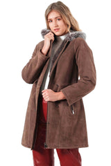 Damen Merino-Lammfelljacke mit Kapuze