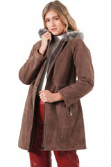 Damen Merino-Lammfelljacke mit Kapuze