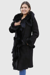 Damen Lammfellmantel Damen aus Toskana Lammfell, große Kapuze, dunkelbraun, exklusiv