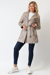 Beige längere sportliche Damen Gürteljacke aus Lammnappa in vintage Look
