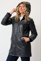 Lange Damen Lederjacke Lammnappa navy mit Kapuze und leichter Wattierung