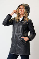 Lange Damen Lederjacke Lammnappa navy mit Kapuze und leichter Wattierung