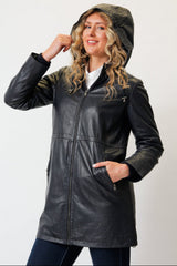 Lange Damen Lederjacke Lammnappa navy mit Kapuze und leichter Wattierung