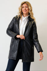 Lange Damen Lederjacke Lammnappa navy mit Kapuze und leichter Wattierung