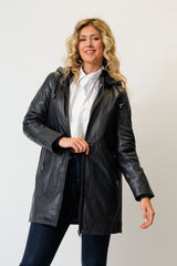Lange Damen Lederjacke Lammnappa navy mit Kapuze und leichter Wattierung