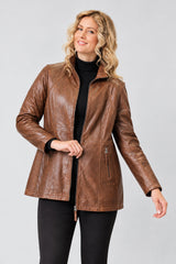 Längere Damen Lederjacke-Lammnappa in washed braun wattiert mit Reißverschluss