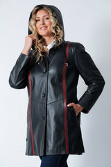 Damen Herbst Winter Lederswinger Lammnappa schwarz mit rot und Kapuze