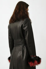 exklusive lange schwarze echte Damen Lederjacke Mantel Blaufuchs, reißverschluss