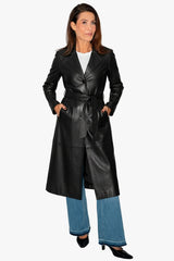 Damen Ledermantel klassisch schwarz mit Gürtel