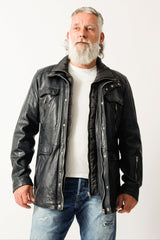 Sehr sportlicher Herrenparka Lammnappa vintage Look Blau mit einsetzbaren Doppelkragen