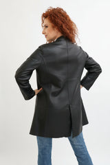 schwarze-lange-dünne Damen Lederjacke ohne Futter mit Stehkragen, zweiwege Reißverschluss,Lammnappa