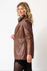 Längere Damen Lederjacke-Lammnappa in washed braun wattiert mit Reißverschluss