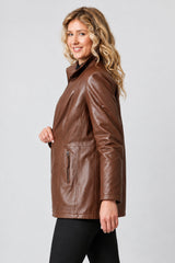 Längere Damen Lederjacke-Lammnappa in washed braun wattiert mit Reißverschluss