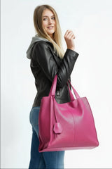 Damen Shopper aus Rindnappa perforiert in Blau und Fuchsia