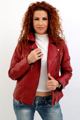 Leichte rote echte Lederjacke im Bikerstil mit Reverskragen