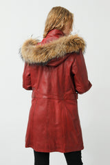 Langer Damen Lederparka Lammnappa dunkelrot vintage mit Finnraccoon Kapuze