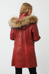 Langer echter Damen Lederparka Lammnappa dunkelrot vintage mit Finnraccoon Kapuze