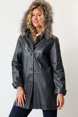 Damen Kurzmantel als Swinger Lammnappa in anthrazit mit Kapuze Silberfuchs