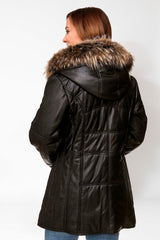 Wunderschöner Leder Damenparka schwarz aus Lammnappa mit Kapuze und Fellbesatz