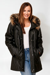 hochwertiger Damen Lederparka schwarz wattiert mit Kapuze und Finnraccoon