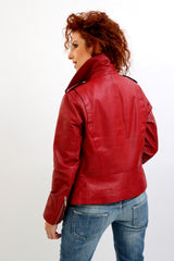 Hochwertige rote Lammnappa Lederjacke im Bikerstil