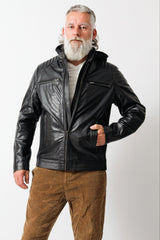 Herren Biker Lederjacke aus Kalsnappa robust in schwarz und hoodie