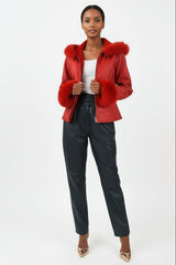 kurze rote echte Damen-Lammfell Jacke mit Kapuze mit Reißverschluss