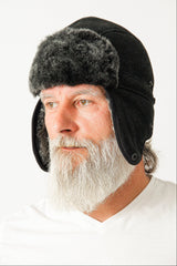 Schwarze Herren Lammfellmütze Tschapka mit Ohrenklappen verstellbar und außen nappiert